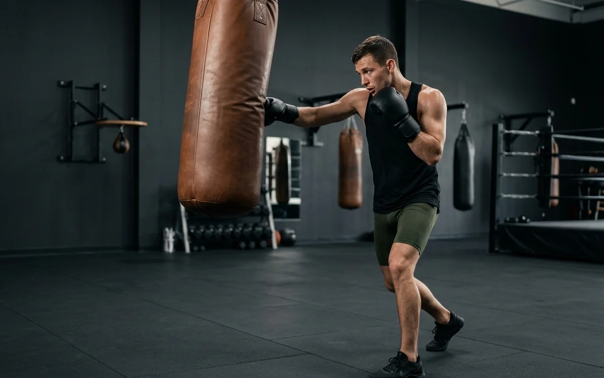 An athlete practising with a heavy bag in a boxing gym.