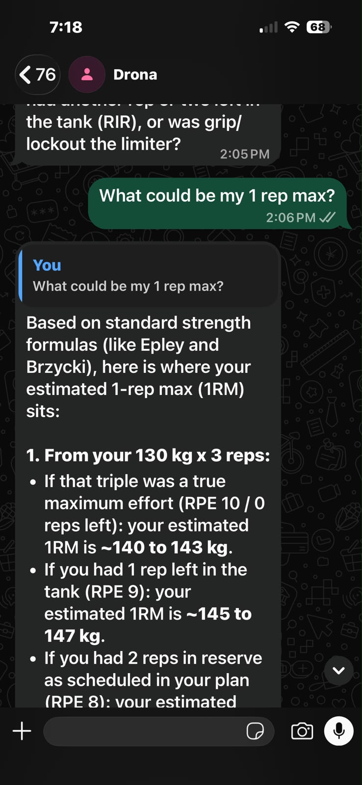 WhatsApp conversation with DRONA: the member asks, &lsquo;What could be my 1 rep max?&rsquo; DRONA gives an estimated range from a 130 kg lift for three reps, with different ranges depending on reps left in reserve.